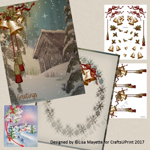 Vintage Style Winter Bells Scene Wooden Bridge Decoupage Card Making Mini Kit