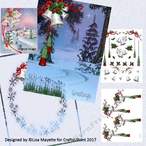 Vintage Style Winter Bells Scene Sleigh Trail Decoupage Card Making Mini Kit