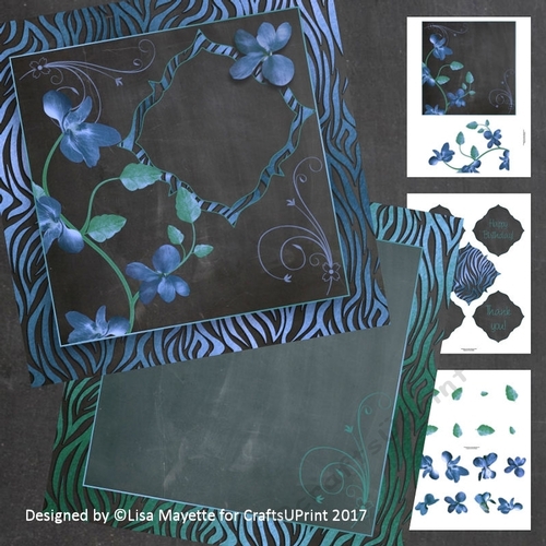 Blue Orchids Zebra Print Chalkboard Decoupage Card Making Kit