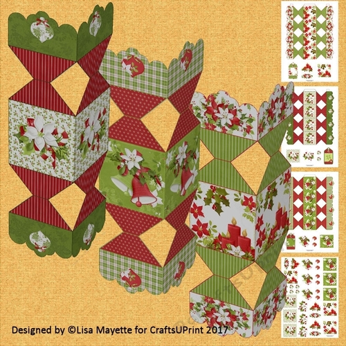 3D Red & White Poinsettia Flowers Decoupage Christmas Cracker Boxes