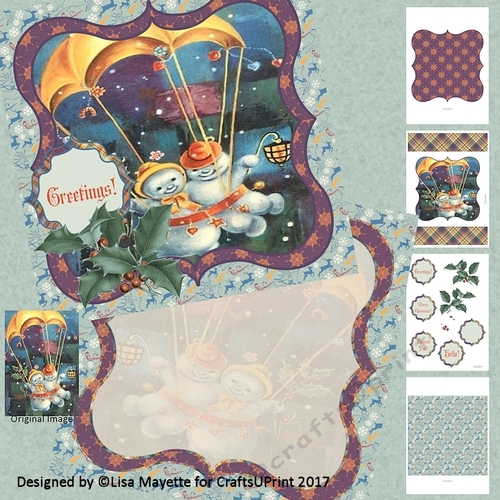 Vintage Christmas Parachuting Snowman Couple Card Making Kit