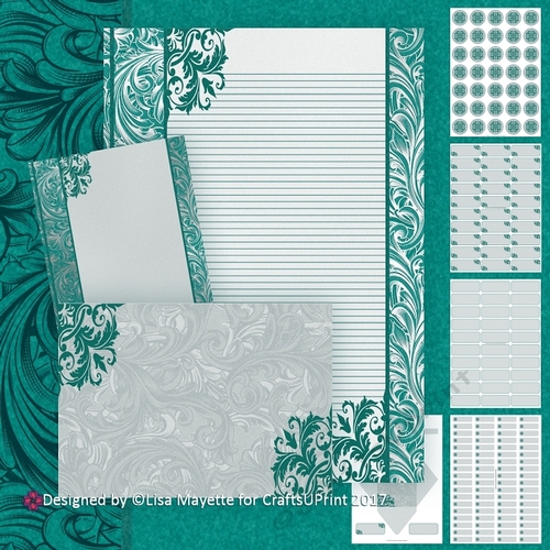 Silver & Teal Lovely Letters Scrollwork A5 Stationery Kit