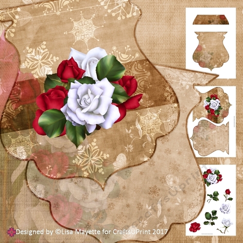 Red & White Roses Golden Christmas Decoupage Shaped Card Making Mini Kit