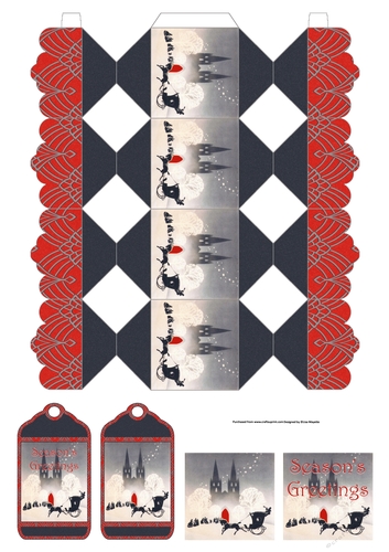 Red & Black Art Deco Christmas Carriage Ride Cracker Box with Gift Tag