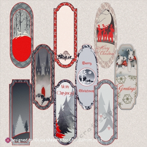 Red & Black Art Deco Christmas Bookmarks Set of 9
