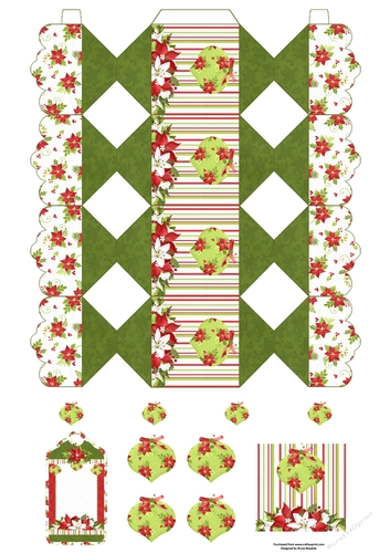 3D Red & White Poinsettia Flowers & Green Ornaments Cracker Box with Gift Tag