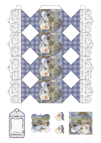 3D Vintage Blue Christmas Scene Santa Cracker Box with Gift Tag
