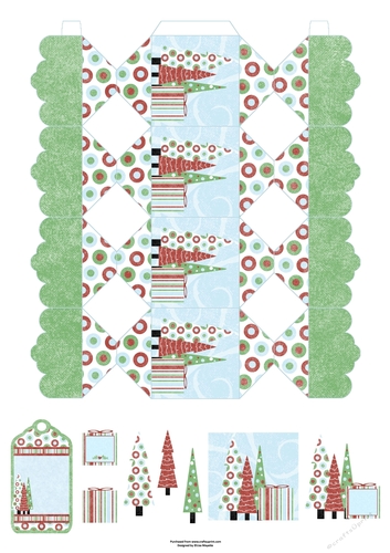 3D Christmas Trees & Gift Box Folk Art Cracker Box with Gift Tag