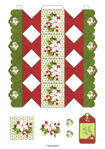 3D Red & White Poinsettia Flowers Decoupage Christmas Cracker Box with Gift Tag