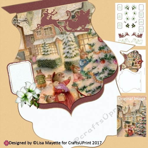 Vintage Bunnies Christmas Scene Decoupage Qua-trefoil Shaped Card Making Kit