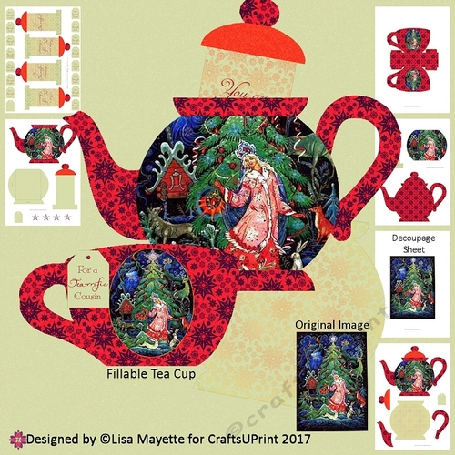 Vintage Russian Christmas Tree Teapot Shaped Slider Card with 3D Tea Cup Kit