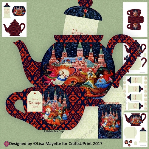 Vintage Russian Christmas Castle Teapot Shaped Slider Card with 3D Tea Cup Kit