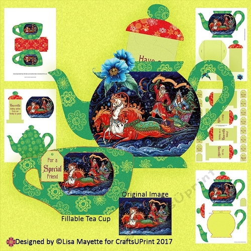 Vintage Russian Christmas Santa Sleigh Teapot Shaped Slider Card with 3D Tea Cup Kit