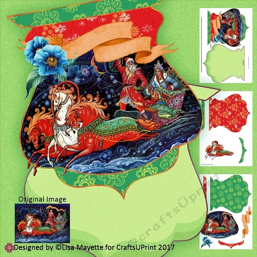 Vintage Russian Christmas Santa Sleigh Qua-trefoil Shaped Card Making Kit