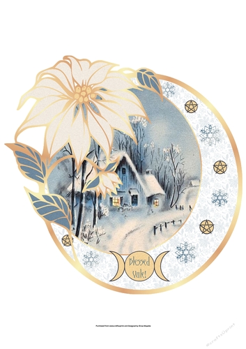Vintage Blue Solstice Blessed Yule Poinsettia Shaped Oval Quick Card