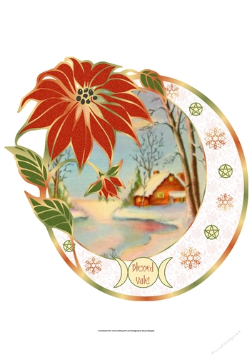 Vintage Winter Solstice Blessed Yule Poinsettia Shaped Oval Quick Card