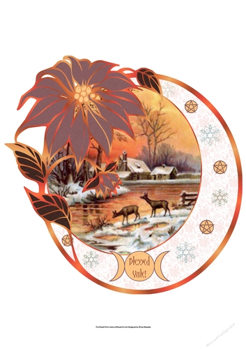 Vintage Solstice Sunset Blessed Yule Poinsettia Shaped Oval Quick Card
