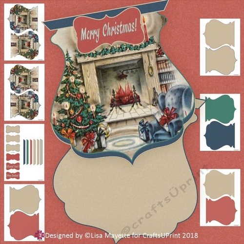Vintage Christmas Fireplace Qua-trefoil Shaped Card Kit