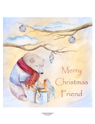 Winter Holiday Bear & Bird Watercolor Art Christmas Quick Card Topper