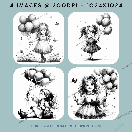 Black and White Image of Girl Holding Balloons