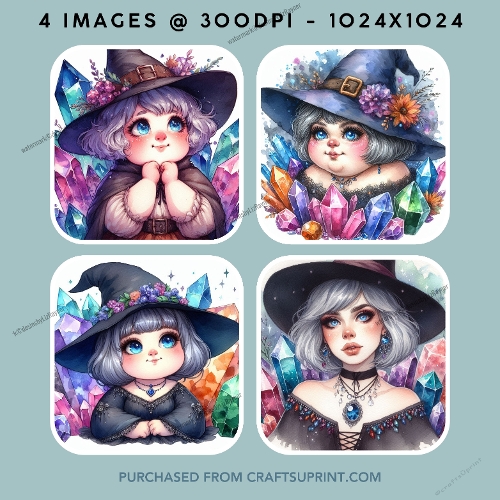 A cute anime-style witch girl adorned with crystals