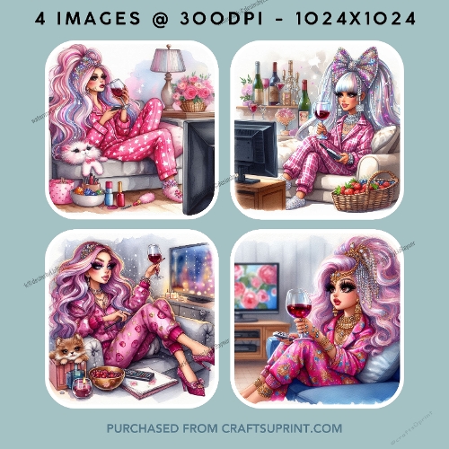 Whimsical Lady in Pink Drinking Wine