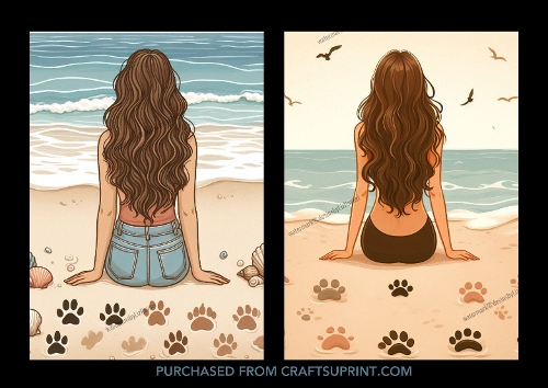 A woman with long, wavy brown hair sitting on a sandy beach