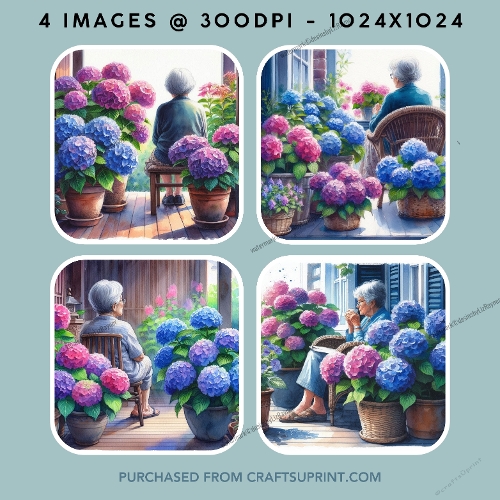 woman sitting in a wicker chair, vibrant pink and blue hydrangea flowers