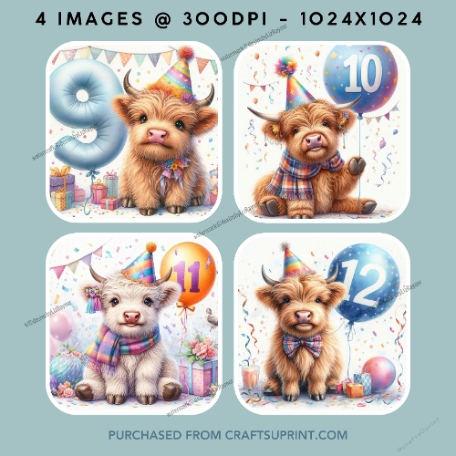Numbers 9 to 12 Birthday Highland Cow Images