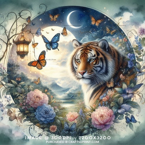 Whimsical Tiger and Moonlight Butterfly Garden