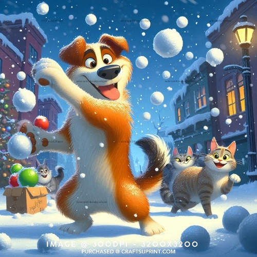 Playful Dog and Cats Snowball Fight