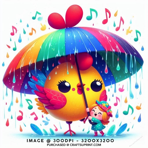 Singing Bird and Girl with Rainbow Umbrella