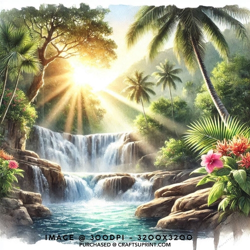 Tropical Jungle Waterfall at Sunrise