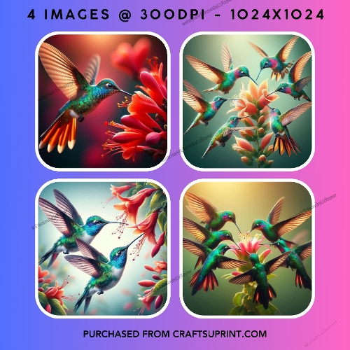 Vibrant Iridescent Hummingbirds and Exotic Coral Flowers
