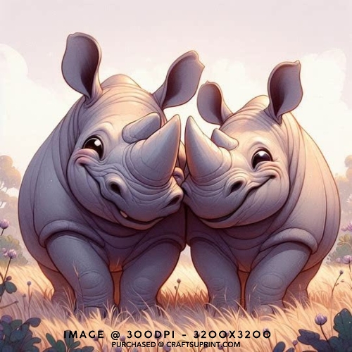 Cute Whimsical Rhinoceros Pair in Warm Sunlit Meadow