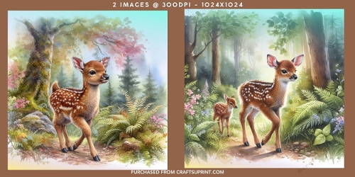 Cute Watercolour Forest Fawns and Scenic Woodland