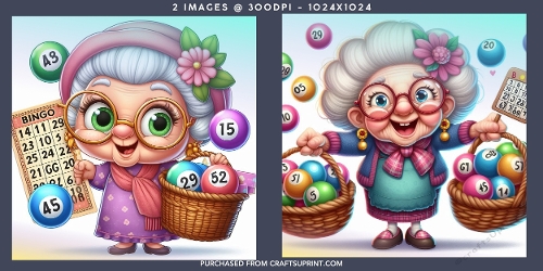Cute Bingo Grandma with Lucky Balls and Card