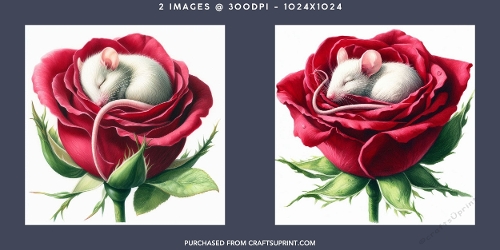 Sleeping White Mouse Nestled Inside a Red Rose