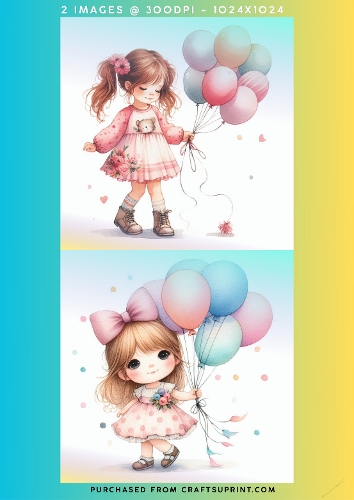 Cute Whimsical Birthday Girls with Pastel Balloons