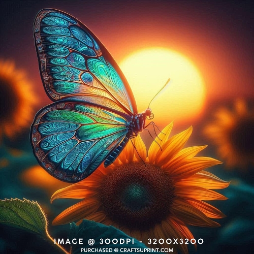 Vibrant Stained Glass Butterfly on Sunflower Sunset