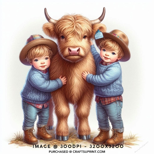 Twin Boys Hugging Fluffy Highland Cow