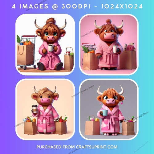 Whimsical Highland Cow in Pink Bathrobe with Coffee (Set 2)