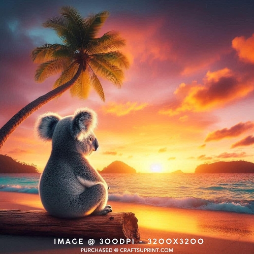Cute Koala on Tropical Beach Sunset Scene