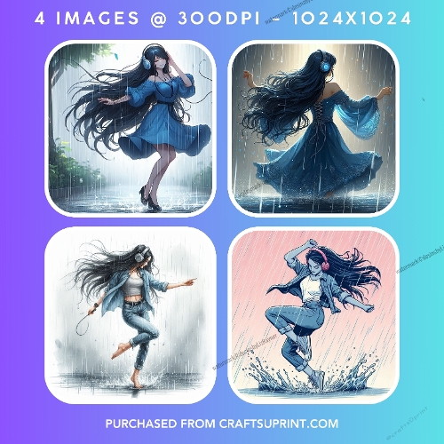 Girl Dancing in Rain with Headphones (Set 2)