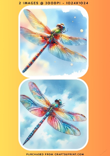 Vibrant Iridescent Watercolour Dragonfly and Blue Sky