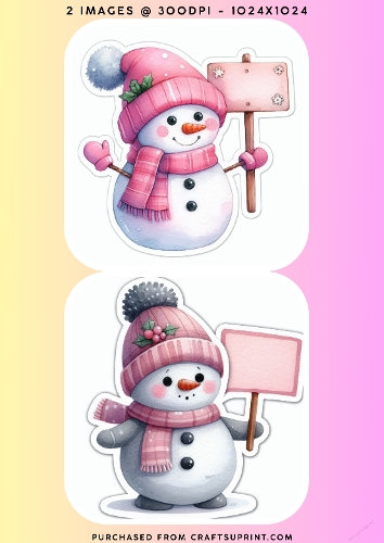 Snowman in Pink Hat Holding Blank Sign