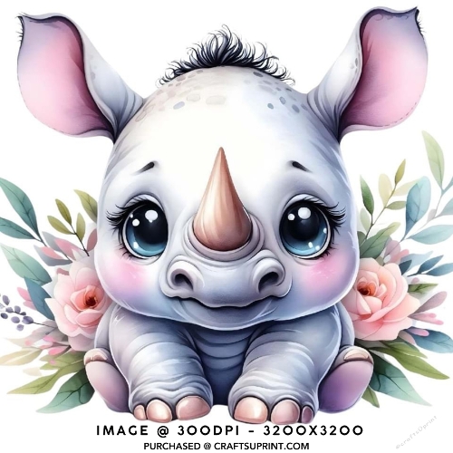 Cute Baby Rhinoceros with Pink Roses Floral Card Front