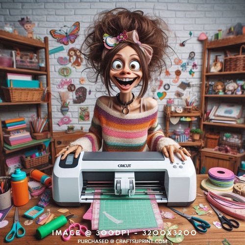 Funny Crazy Crafter Woman with Die Cutting Machine Card Front