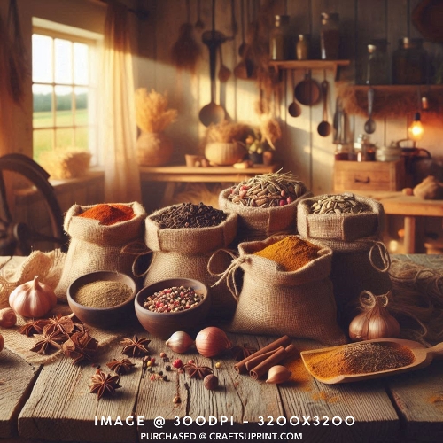 Rustic Country Kitchen Spices and Herbs in Burlap Sacks Card Front