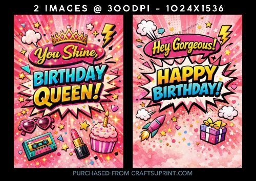 Pop Art Birthday Queen and Hey Gorgeous Card Fronts